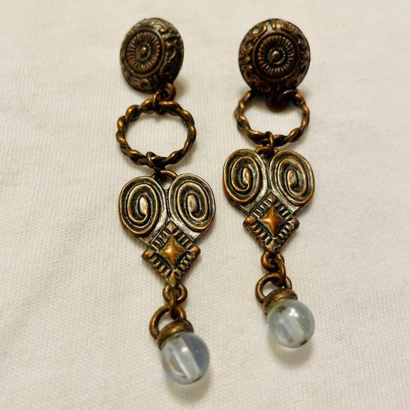 Antique Aztec-style Gold and Blue Marble Drop Earrings